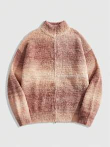 ROMWE MEN Street Life Men's Tie Dye Long Sleeve Zip-Front Casual Loose Cardigan, Autumn/Winter - Pink - View 1