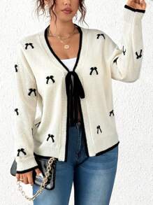 Flirla Cardigan de Malha com Mangas Longas e Bordado de Borboleta, Estilo de Design, Casaco de Inverno/Outono com Laços para Mulheres, Cardigan Feminino com Laços - Branco - Visão 4