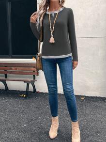 EMERY ROSE Casual Tops Long Sleeve Tops Women Striped Print Round Neck 2 In 1 Casual Daily Long Sleeve T-Shirt