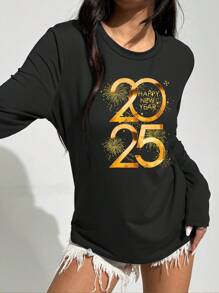 SHEIN LUNE 修身春秋长袖T恤女款2025新年礼物，迎接2025跨年，派对休闲长袖印花圆领T恤，女款图案T恤女款春季上衣