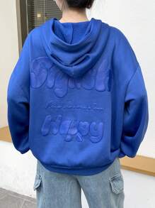 SHEIN Oversized Teen Girl Sweatshirt With Embossed Slogan Pattern & Pouch Pocket, Navy Blue, Fashion Forward Ideal For Winter - Blue - View 1