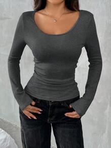 SHEIN EZwear Houtskoolgrijs gebreid rond hals getailleerd basic T-shirt voor dames