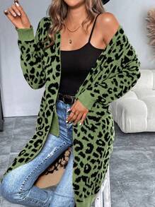 SHEIN LUNE Autumn/Winter Casual Leopard Jacquard Medium-Long Cardigan