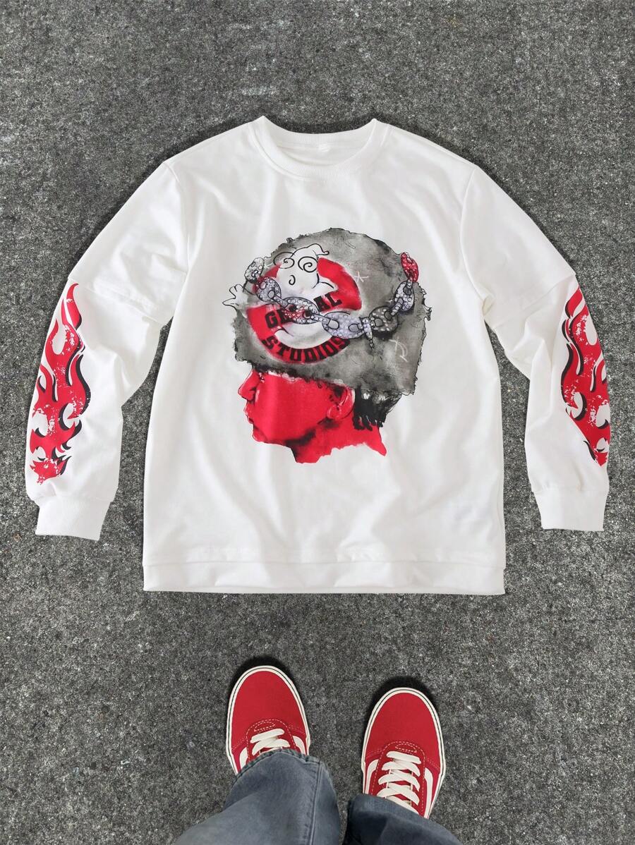 PAVTROS Men's Autumn And Winter Young Street Threaded Round Neck Sweatshirt, Flame Head Pattern, Street Wear, Autumn And Winter Tops