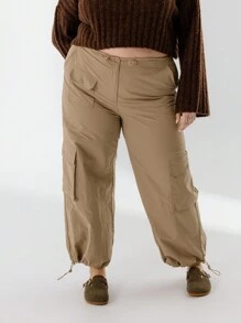 Aralina Plus Size Curve Relaxed Fit Cargo Style Wide Leg Everyday Styling Cargo Pants - Green - View 6