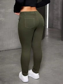 SHEIN EZwear Plus Size Women's Skinny Casual Versatile Denim Jeans With Snap Button Design - Army Green - View 2