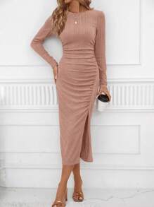 SHEIN Clasi Solid Split Thigh Dress Thread Ribbed - Pink - View 5