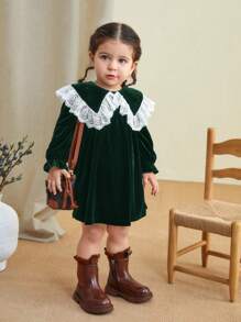 SHEIN LMoss Kids LMoss 女婴可爱优雅弹力天鹅绒和撞色蕾丝彼得潘领连衣裙，秋季 - 彩色 - 查看 7