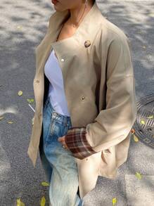 DAZY Solid Color Loose Long Sleeve Turndown Collar Contrast Color Trim Women Regular Jacket,Back To School Clothes,Fall Women Clothes Women Coats - Khaki - View 6