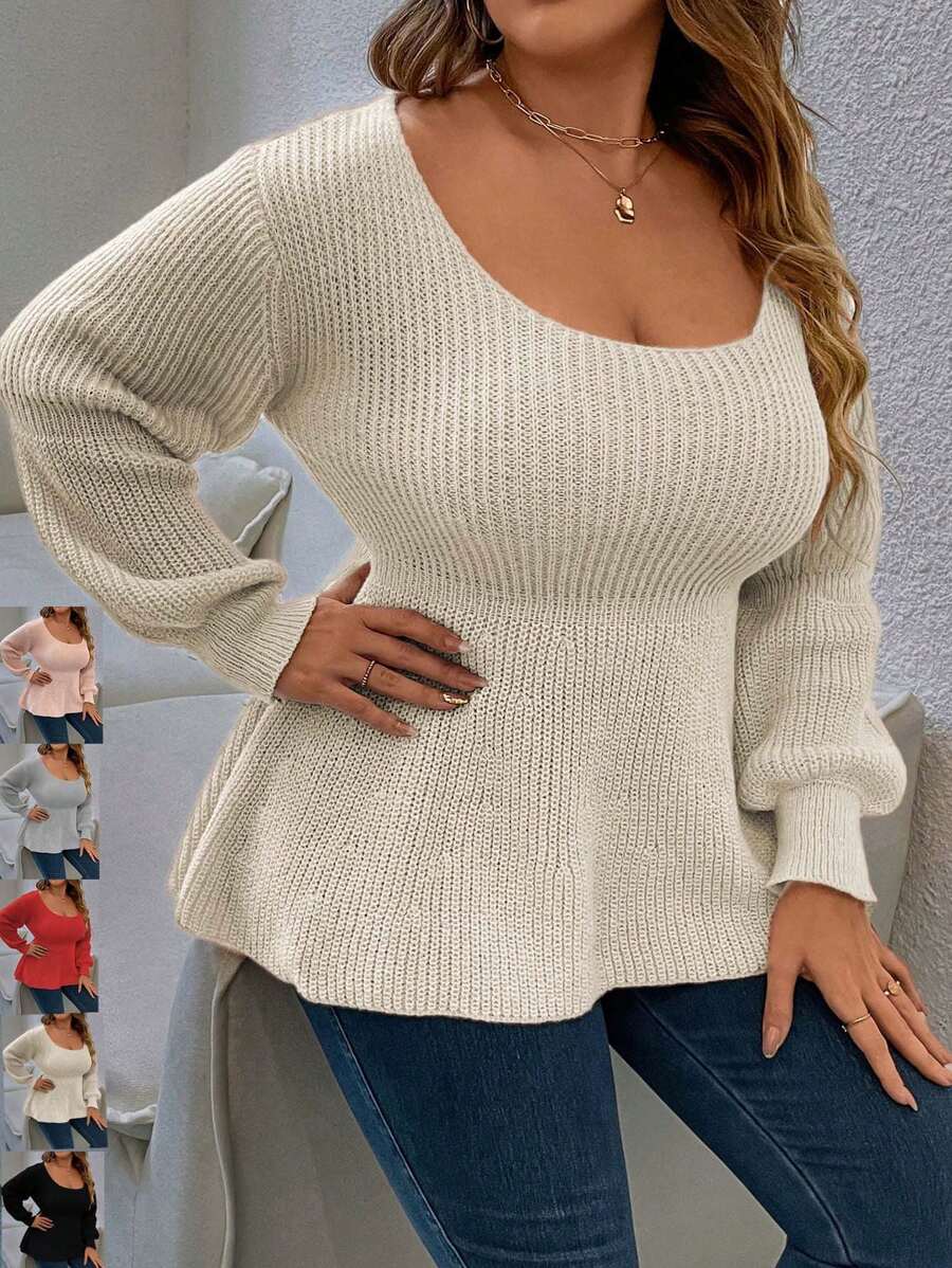 Calvaya 大码女式圆领喇叭下摆纯色休闲套头毛衣，秋冬针织套头衫 - 杏色 - 查看 1