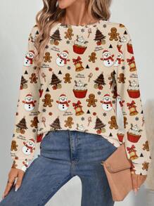 SHEIN LUNE 女款圣诞雪人全印花长袖 T 恤，适合秋冬季 - 彩色 - 查看 3