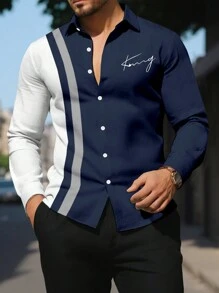 Manfinity Homme 男士字母印花撞色单排扣长袖休闲衬衫秋季 - 彩色 - 查看 1