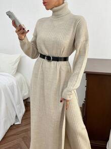 EURMUSE Women Solid Color Rib Knit Turtleneck Slit Detailed Long Sweater Dress & Sweater Pants Set - Beige - View 7