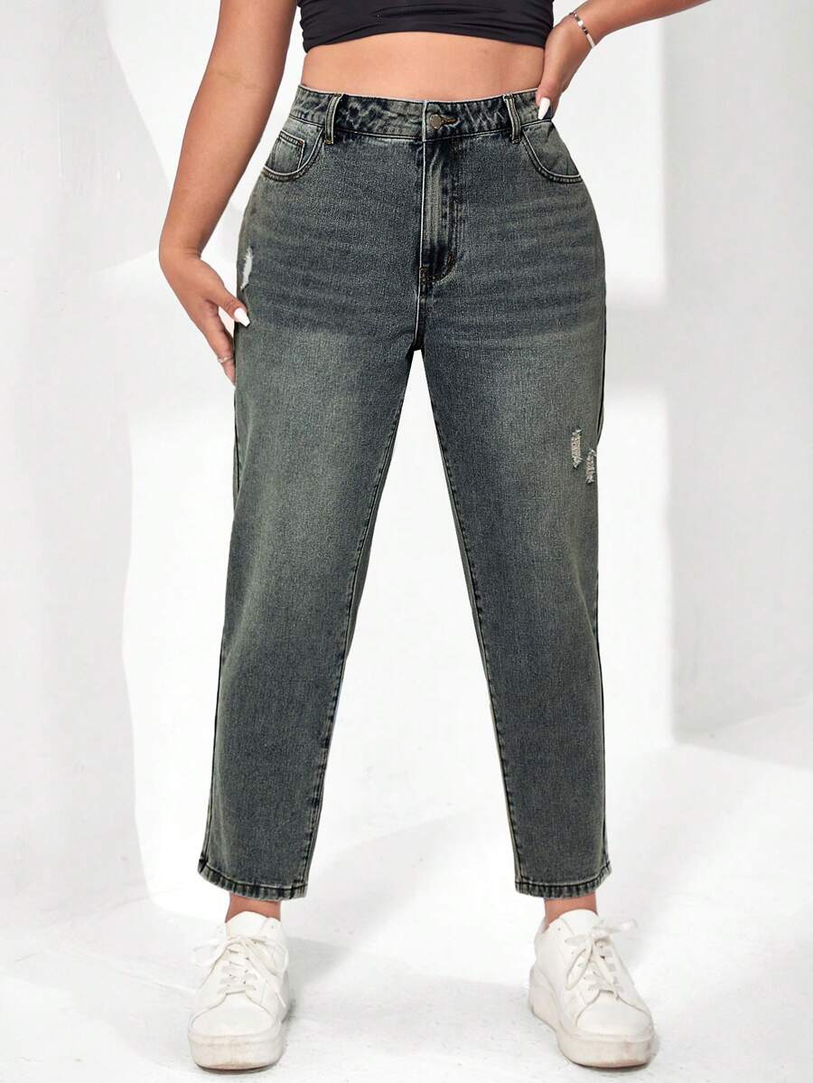 SHEIN Plus Size Casual Distressed Tapered Leg Jeans - Dark Wash - View 1