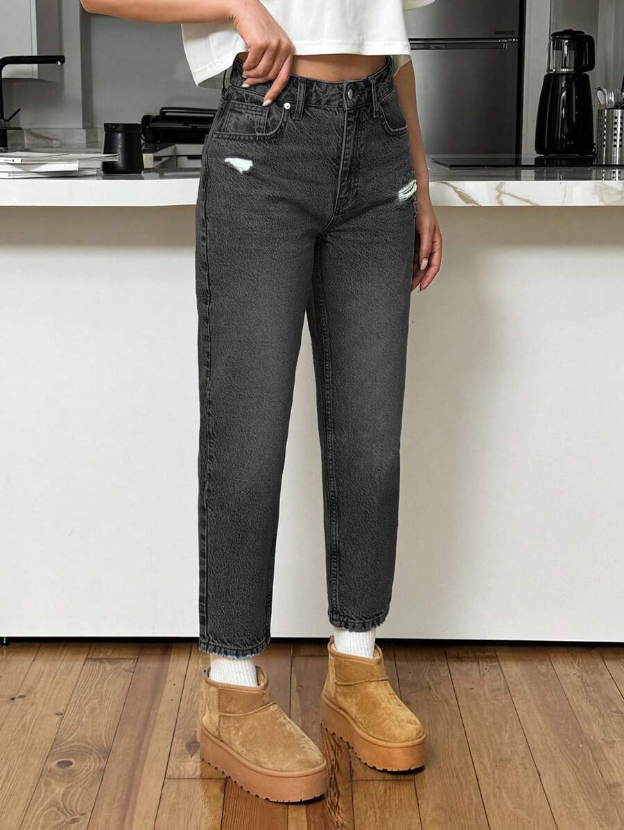 EURMUSE Jeans casuales y versátiles de cintura alta, rasgados y de unicolor con bolsillos para mujeres - Gris Oscuro - Ver 1