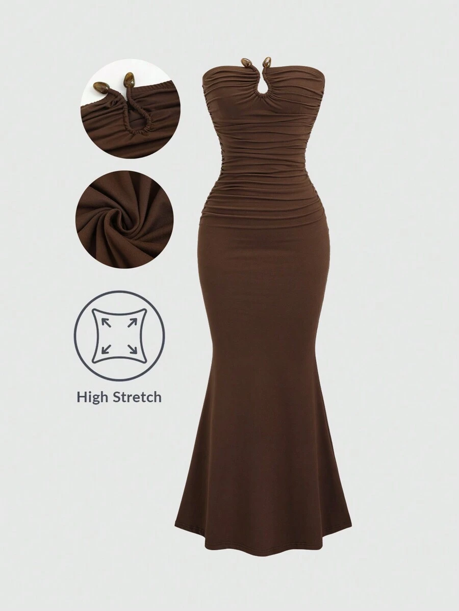 Sweetra Solid Color Pleated Circular Decor Strapless Sleeveless Dress Maxi Women Outfit - Brown - View 1
