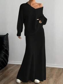 SHEIN Unity 2 件女式休闲长袖上衣和裙子套装 - 黑色 - 查看 1