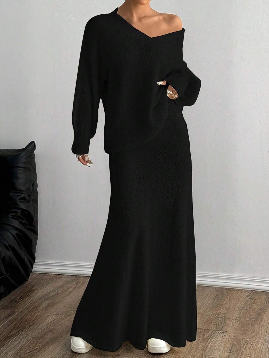 SHEIN Unity 2 件女式休闲长袖上衣和裙子套装 - 黑色 - 查看 1