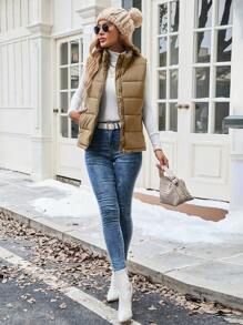 Calvaya Chaleco acolchado con cierre de cremallera y cuello alto para mujer, cálido para ropa de otoño/invierno