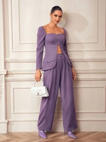 WANDERFUL 设计师商务休闲紫色拉链长袖口袋优雅衬衫，适合假日、春季、节日、办公室 - 紫色 - 查看 1