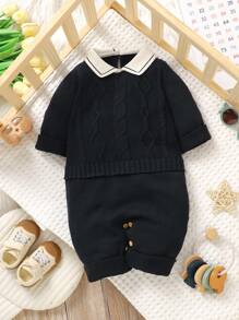 Baby Jumpsuits Casual Gentleman Style, Classic Cable Knit, Collared Shirt Collar Long Sleeve 2 In 1 Jumpsuit, Fashionable And Comfortable, Baby Essential For Autumn/Winter