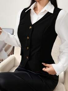 Modelyn Women's Solid Color Single Breasted V-Neck Casual Vest, Suitable For Autumn