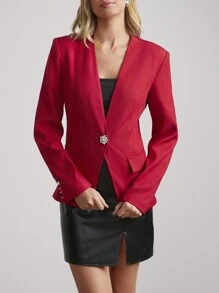 SHEIN Clasi Áo khoác vest nữ thanh lịch dài tay màu đỏ cổ chữ V thắt eo vào mùa đông, được trang trí bằng nút kim cương sáng, phù hợp cho các bữa tiệc và nhiều dịp khác - Đỏ - Xem 3