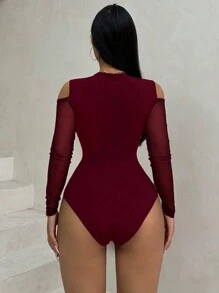 Women's Autumn Minimalist Contrast Mesh Open Shoulder Bodysuit Fall Cloth For Women - Burgundy - View 2
