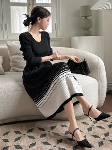 DAZY Váy len dài tay họa tiết sọc khối màu dành cho nữ, quần áo mùa thu - màu đen - Xem 8