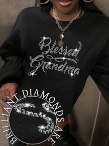 Maweii Plus Size Women's Letter Grandma Pattern Hot Diamond Decoration Sweatshirt, Casual Long Sleeve Round Neck Pullover Sweatshirt,Fall/Winter