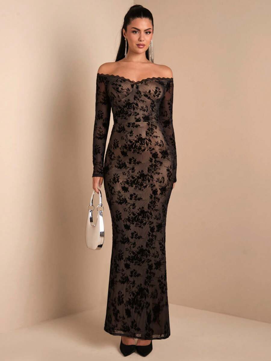 SHEIN BAE Bộ đồ bó sát bodycon dệt kim co giãn dự tiệc thanh lịch dành cho nữ có sọc nhung, váy dài tay màu đen sang trọng - màu đen - Xem 1