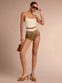 Glamine Abiti invernali da donna, nuovi abiti per l'anno nuovo, body monocolore con spalline sottili e schiena scoperta, con cintura in vita e design che mette in risalto la figura, adatto da abbinare con pantaloncini o gonne, abbigliamento casual e versatile per strada, abbigliamento sexy per feste e cene, abbigliamento da resort per donne, costumi natalizi - Albicocca - Visualizzare 5