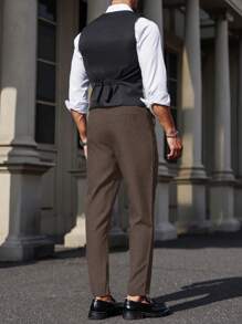 Manfinity Mode Men's Single-Breasted Vest And Pants Business Suit Set For Daily Commute, Autumn - Brown - View 2