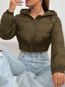 SHEIN VCAY Plus Size Simple Plain Color Cropped Hooded Padded Coat, Casual Winter