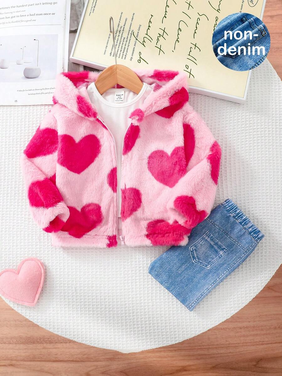 SHEIN 3pcs Baby Girl Lovely Heart Furry Hooded Jacket, Knit Top And Long Pants Set, Autumn/Winter - Multicolor - View 1