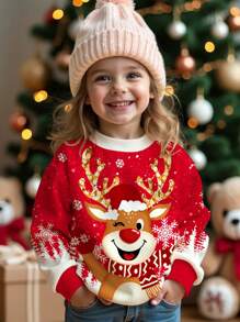 SHEIN 女童圣诞可爱卡通小鹿、圣诞树、雪花印花红色节日休闲宽松圆领舒适日常针织长袖卫衣，适合秋冬季穿着 - 彩色 - 查看 1