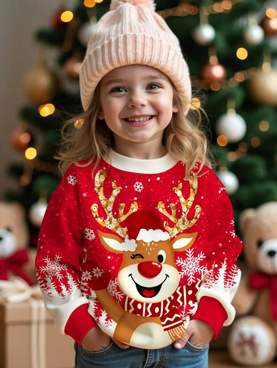 SHEIN 女童圣诞可爱卡通小鹿、圣诞树、雪花印花红色节日休闲宽松圆领舒适日常针织长袖卫衣,适合秋冬季穿着 - 彩色 - 查看 1