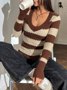 SHEIN EZwear 女士休闲撞色条纹修身针织毛衣，秋冬款 - 棕色 - 查看 3