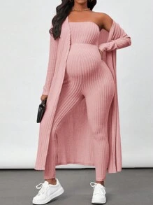 SHEIN Thai sản Màu thuần Tay áo dài áo Và Quây Áo liền quần Bộ - Hồng - Xem 4