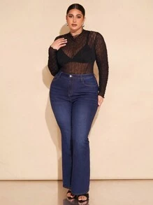 SHEIN BAE 大码女式针织提花微透明长袖紧身衣内衣 - 黑色 - 查看 7