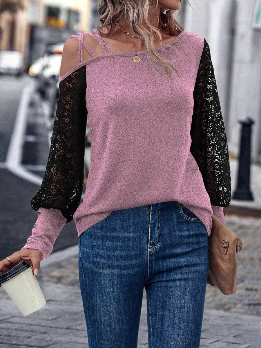 SHEIN LUNE Áo dài tay cổ bẻ ren màu tương phản cho nữ - Hồng - Xem 1