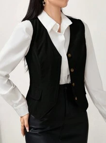 Modelyn Women's Solid Color Single Breasted V-Neck Casual Vest, Suitable For Autumn