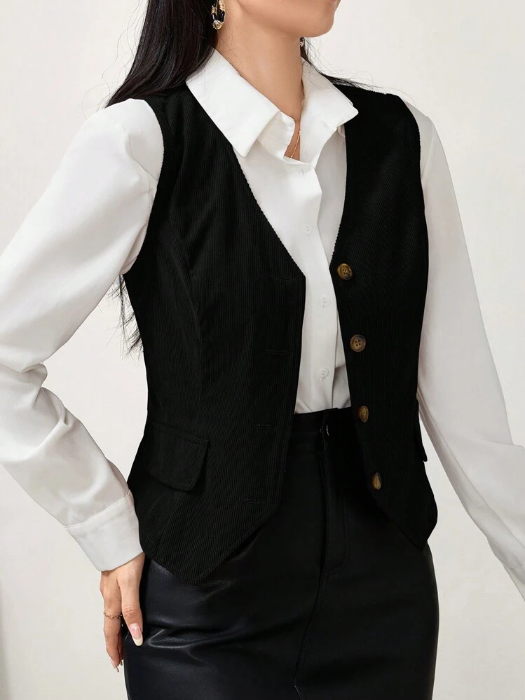 Modelyn Women's Solid Color Single Breasted V-Neck Casual Vest, Suitable For Autumn - Black - View 8