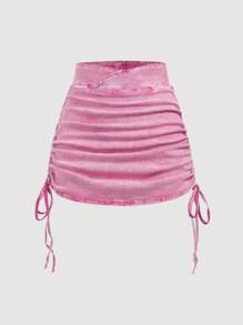 SHEIN MOD Women Asymmetric Waist Drawstring Casual Short Denim Mini Skirt - Pink - View 1