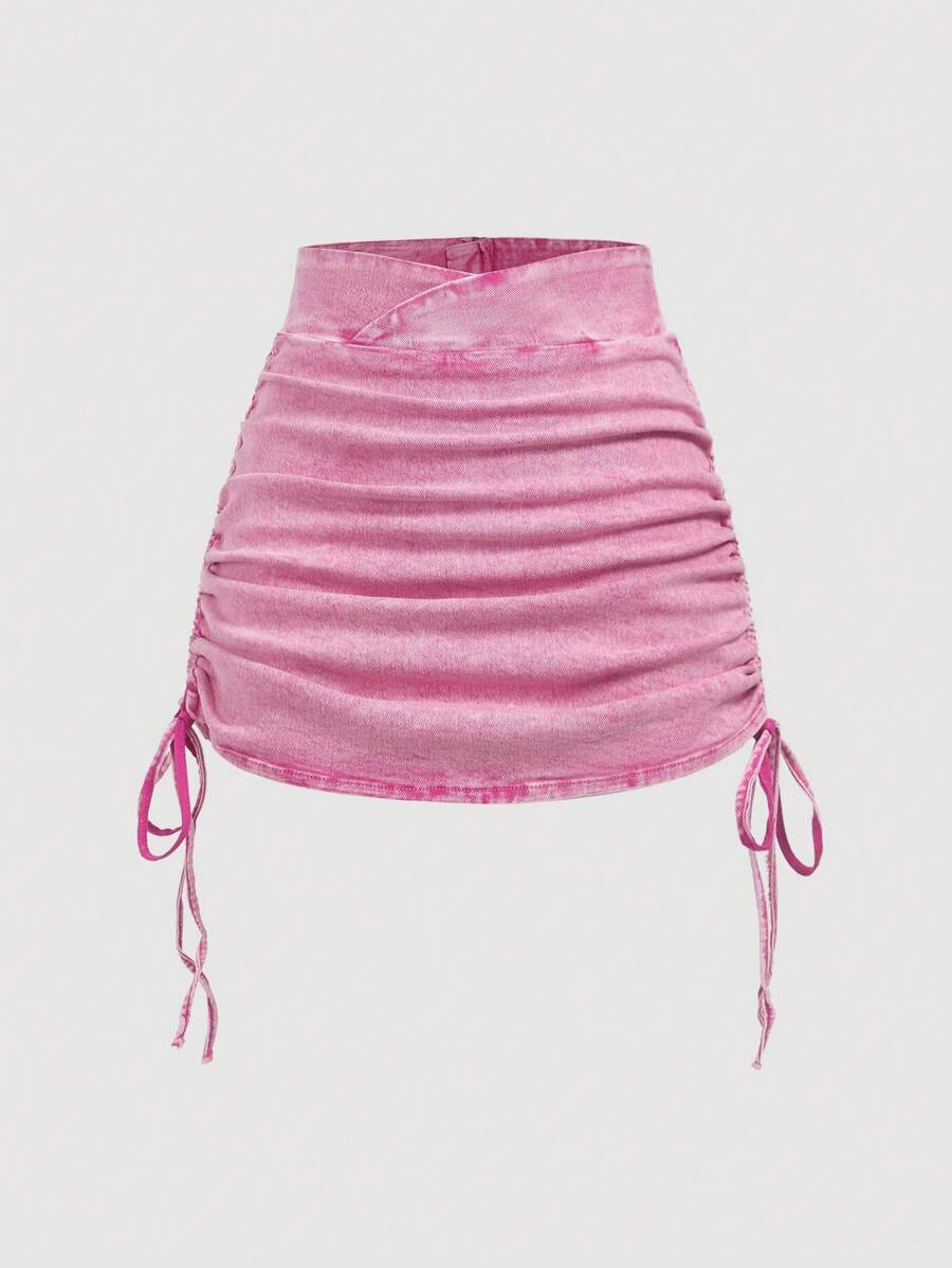 SHEIN MOD Women Asymmetric Waist Drawstring Casual Short Denim Mini Skirt - Pink - View 1