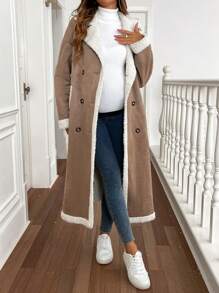 SHEIN 孕妇双排扣保暖内衬长款夹克，秋冬季休闲风格 - 卡其色 - 查看 5