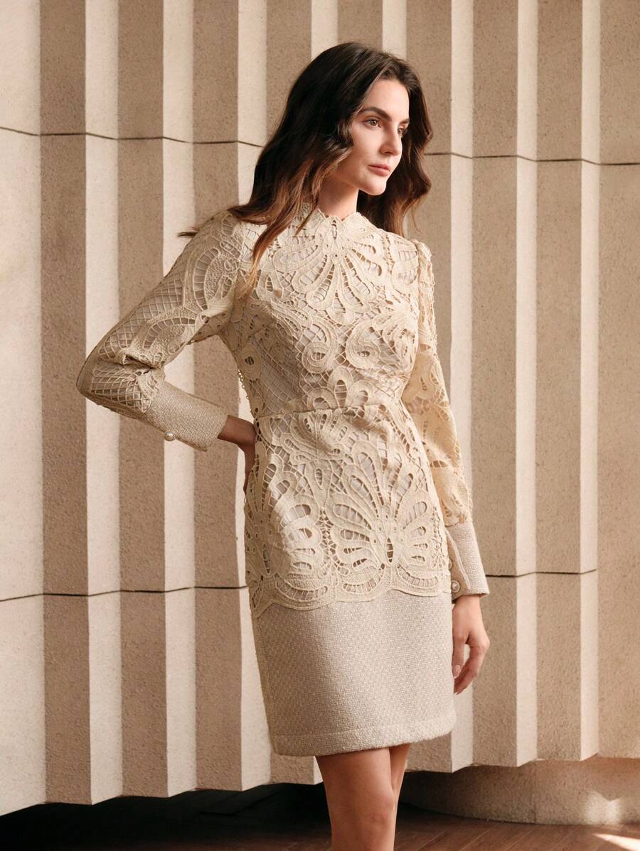 Anewsta 迷人修身优雅蕾丝拼布旗袍连衣裙