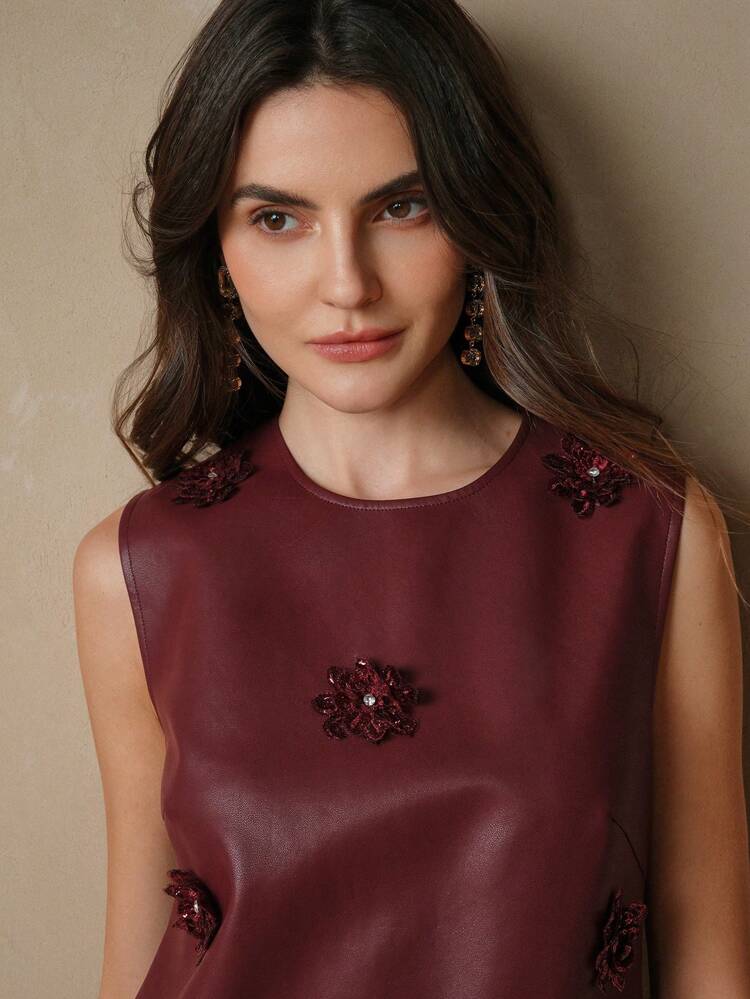 Elegant Women Sequin Panel Flower Lace Trim Round Neck Short PU Dress, Party & New Year Dress Burgundy Color Women Outfit