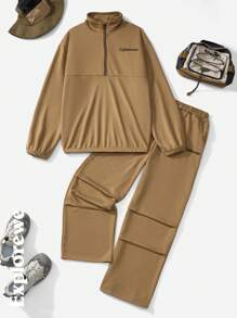SHEIN 2 件套青少年男孩字母印花拉链连帽衫和裤子户外休闲装，棕色 - 棕色 - 查看 1