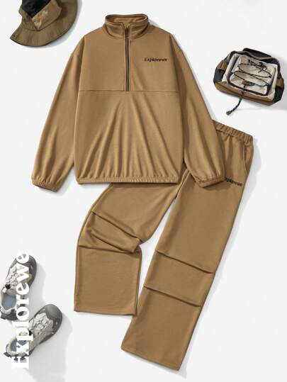 SHEIN 2pcs/Set Teen Boy Letter Print Zip-Up Hoodie And Pants Outdoor Casual Outfit, Brown
